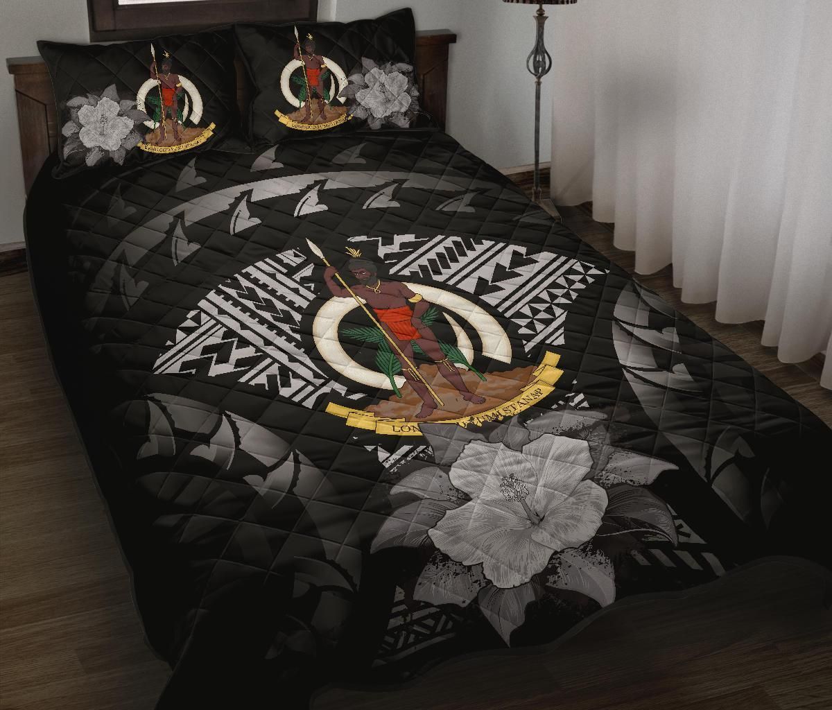 Vanuatu Polynesian Quilt Bed Set Hibiscus Gray