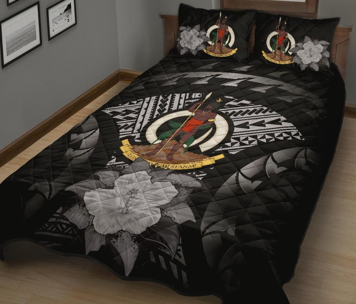 Vanuatu Polynesian Quilt Bed Set Hibiscus Gray