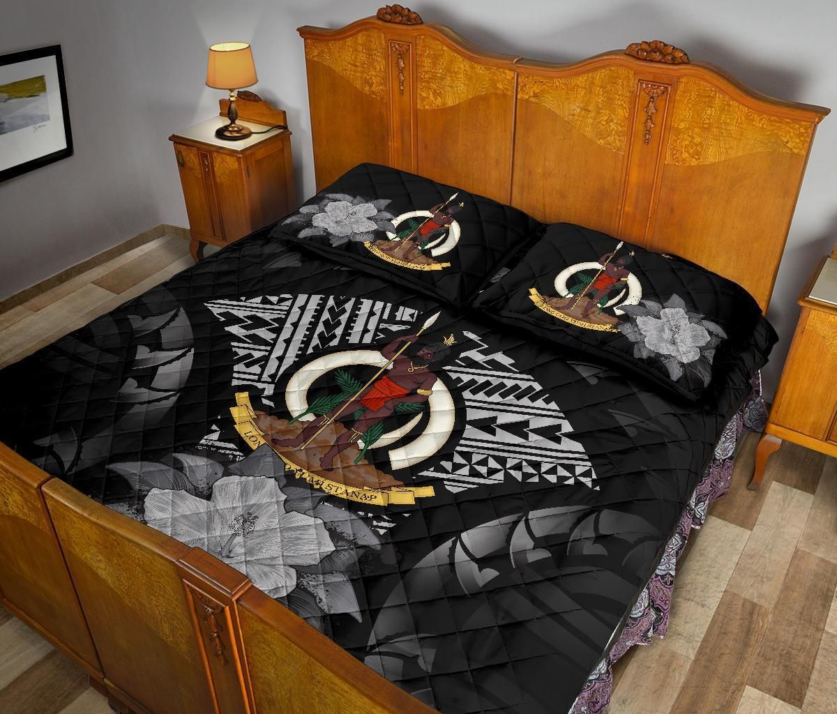 Vanuatu Polynesian Quilt Bed Set Hibiscus Gray