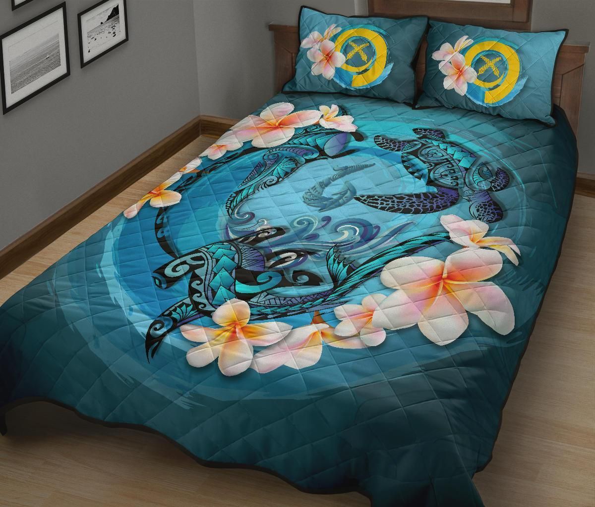 Vanuatu Polynesian Quilt Bed Set - Blue Plumeria Animal Tattoo