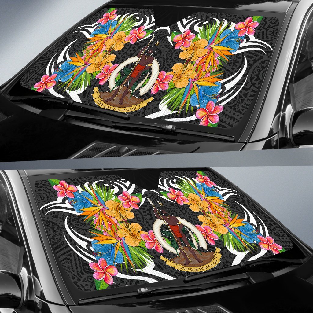 Vanuatu Auto Sun Shades - Coat Of Arms With Tropical Flowers