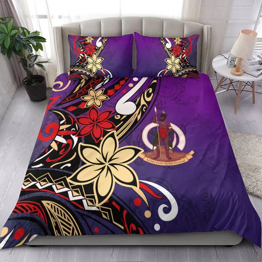 Vanuatu Bedding Set - Tribal Flower With Special Turtles Purple Color