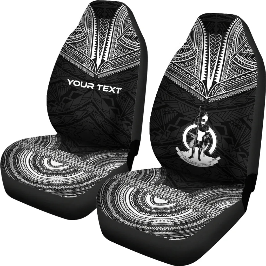 Vanuatu Custom Personalised Car Seat Cover - Vanuatu Coat Of Arms Polynesian Chief Tattoo Black Version