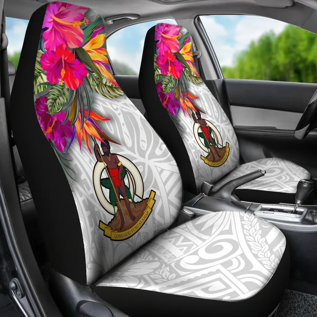 Vanuatu Car Seat Covers Polynesian Hibiscus White Pattern