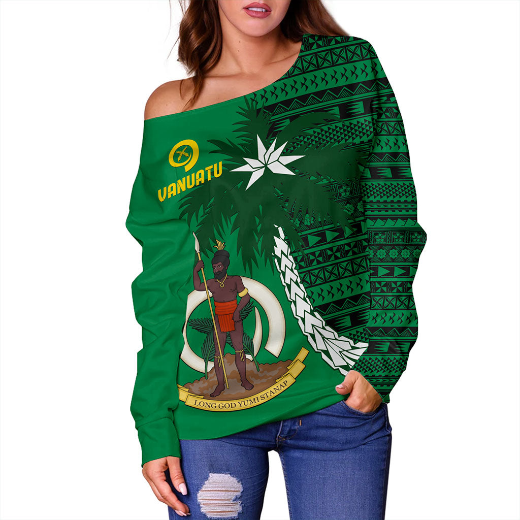Vanuatu Off Shoulder Sweatshirt Coat Of Arms Tree Coconut