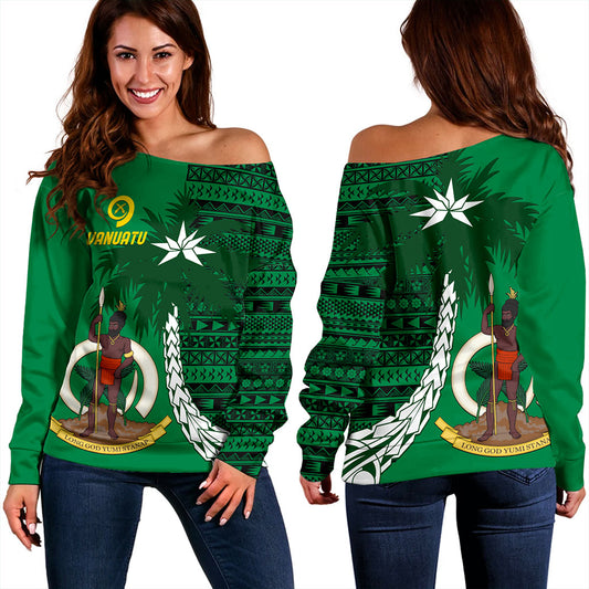 Vanuatu Off Shoulder Sweatshirt Coat Of Arms Tree Coconut