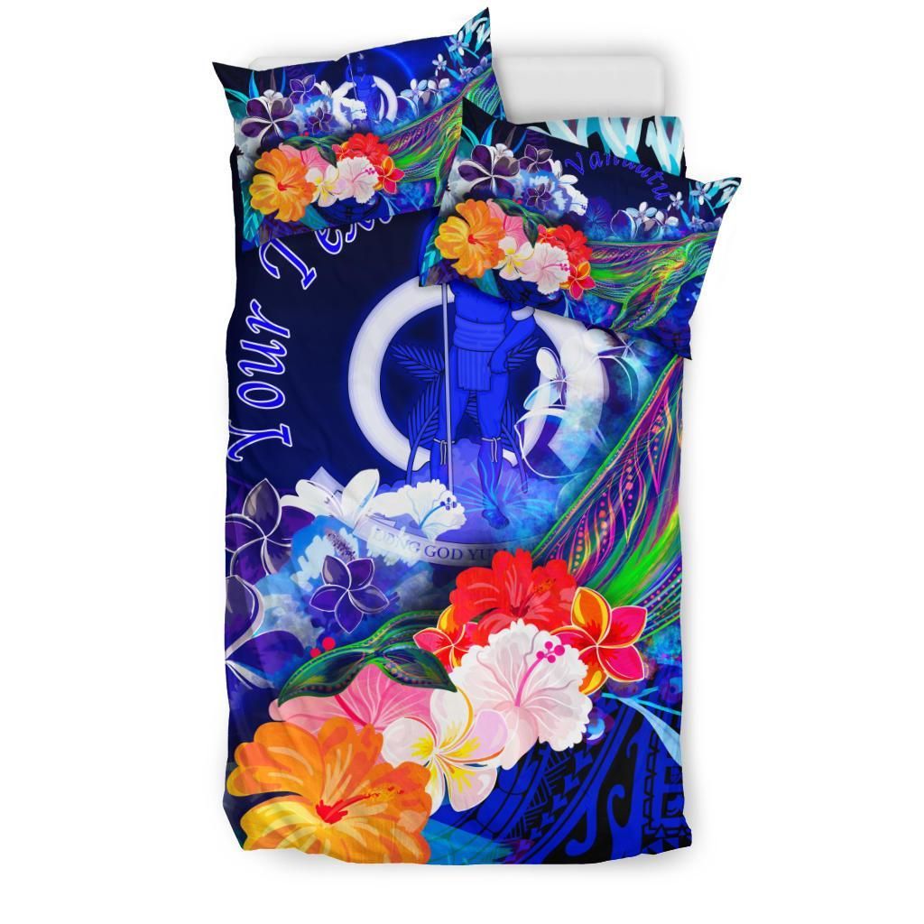 Vanuatu Custom Personalised Bedding Set - Humpback Whale With Tropical Flowers (Blue)