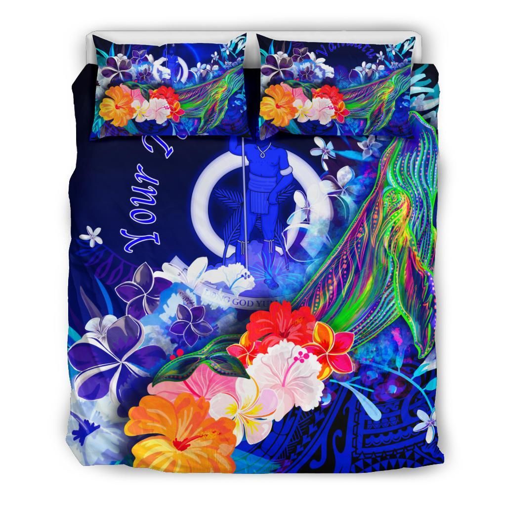 Vanuatu Custom Personalised Bedding Set - Humpback Whale With Tropical Flowers (Blue)