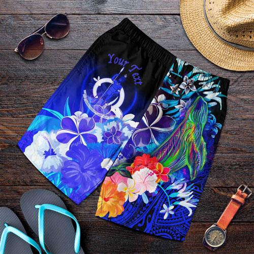Vanuatu Custom Personalised Men Shorts - Humpback Whale with Tropical Flowers (Blue)