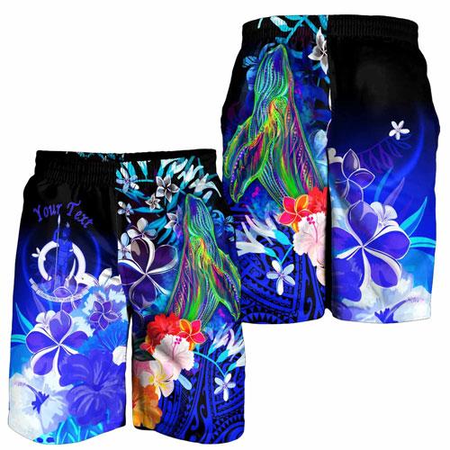 Vanuatu Custom Personalised Men Shorts - Humpback Whale with Tropical Flowers (Blue)