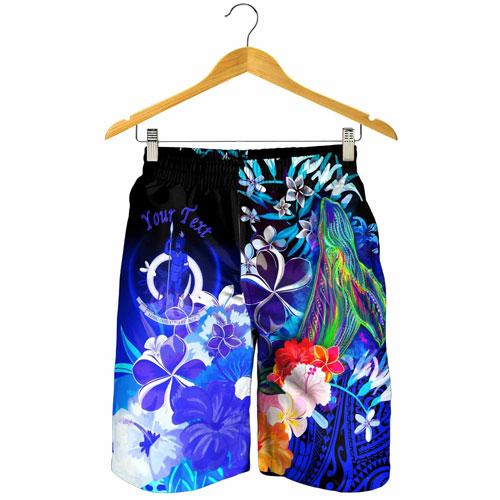 Vanuatu Custom Personalised Men Shorts - Humpback Whale with Tropical Flowers (Blue)