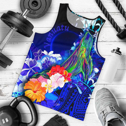 Vanuatu Custom Personalised Men Tank Top - Humpback Whale with Tropical Flowers (Blue)
