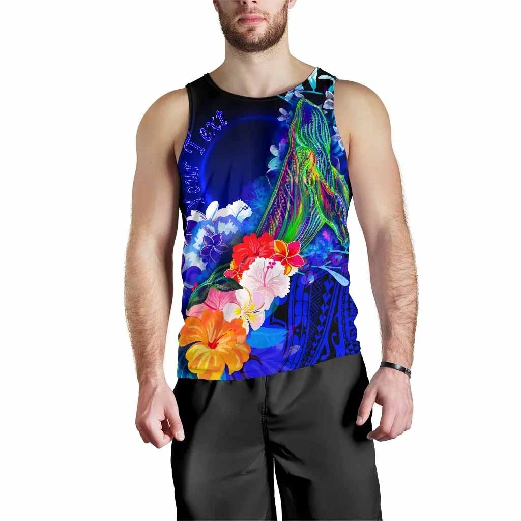 Vanuatu Custom Personalised Men Tank Top - Humpback Whale with Tropical Flowers (Blue)
