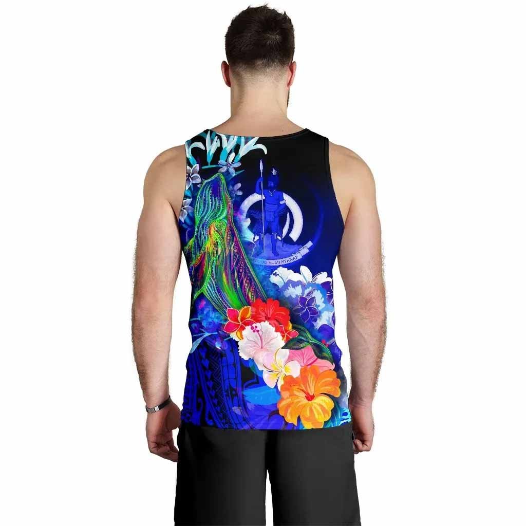 Vanuatu Custom Personalised Men Tank Top - Humpback Whale with Tropical Flowers (Blue)