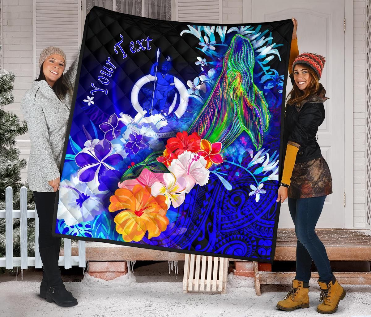 Vanuatu Custom Personalised Premium Quilt - Humpback Whale with Tropical Flowers (Blue)
