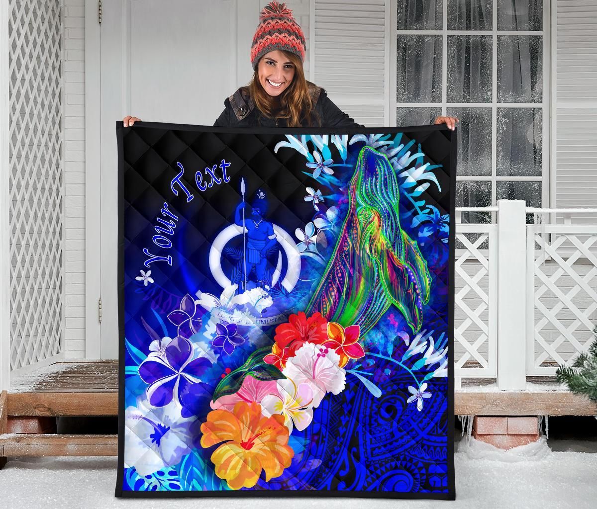Vanuatu Custom Personalised Premium Quilt - Humpback Whale with Tropical Flowers (Blue)