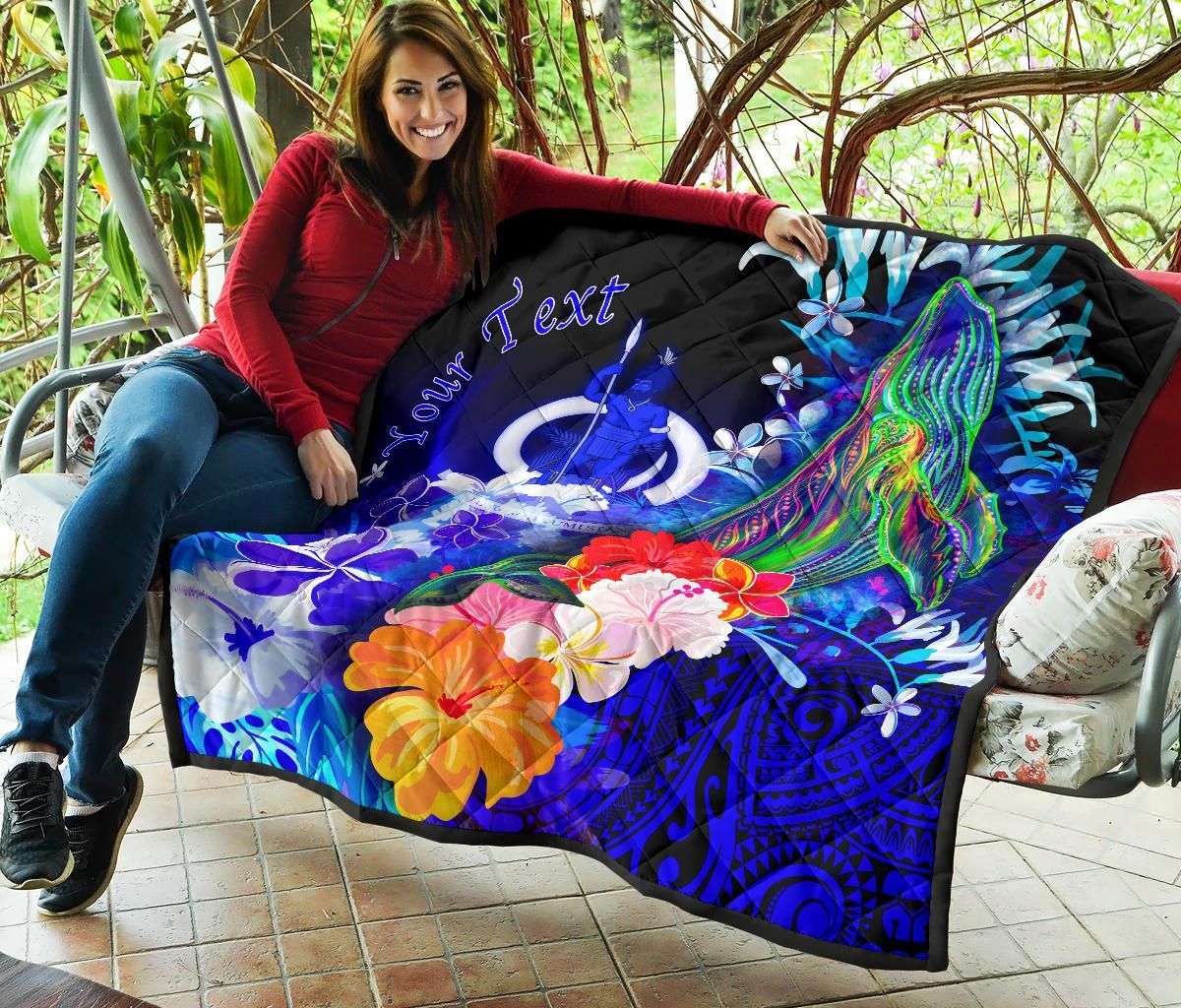 Vanuatu Custom Personalised Premium Quilt - Humpback Whale with Tropical Flowers (Blue)