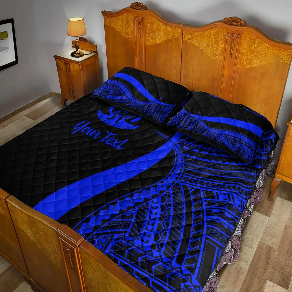 Vanuatu Custom Personalised Quilt Bed Set - Blue Polynesian Tentacle Tribal Pattern