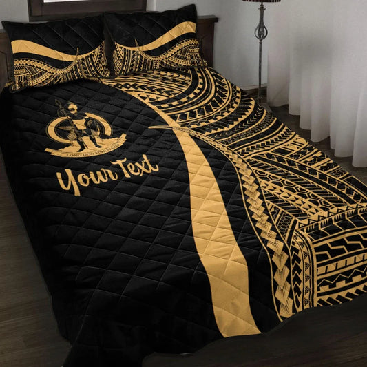 Vanuatu Custom Personalised Quilt Bed Set - Gold Polynesian Tentacle Tribal Pattern