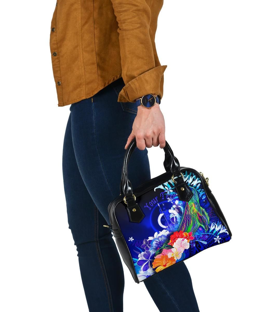 Vanuatu Custom Personalised Shoulder Handbag - Humpback Whale With Tropical Flowers (Blue)