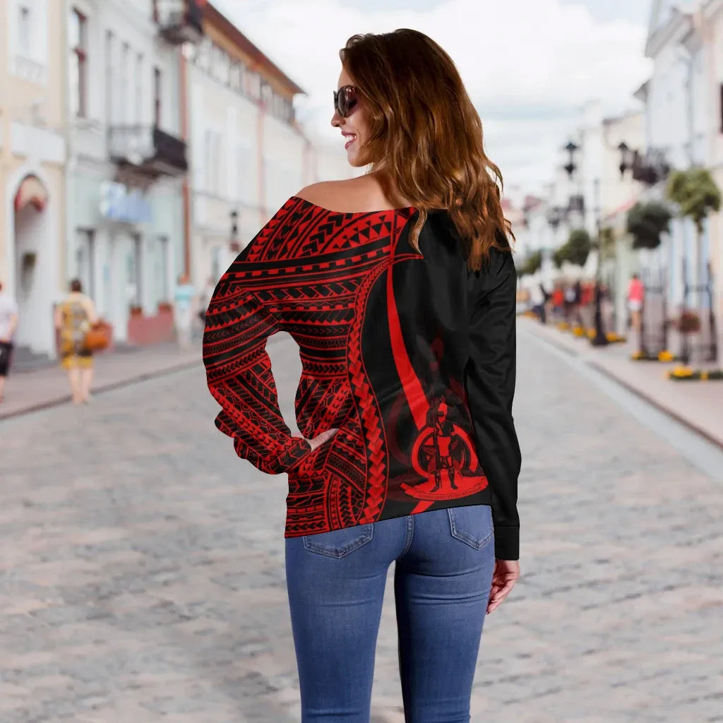Vanuatu Custom Personalised Women Off Shoulder Sweater - Red Polynesian Tentacle Tribal Pattern