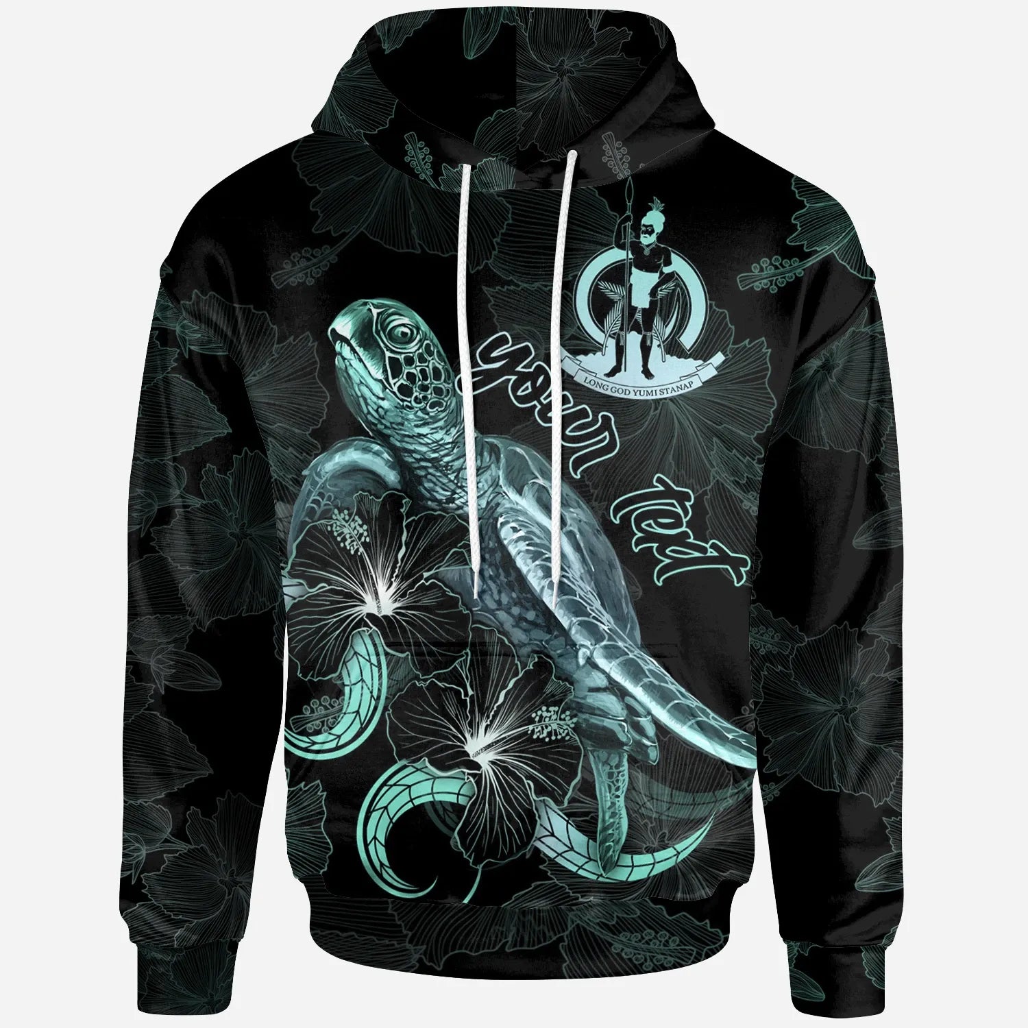 Vanuatu Custom Personalized Polynesian Hoodie - Turtle With Blooming Hibiscus Turquoise
