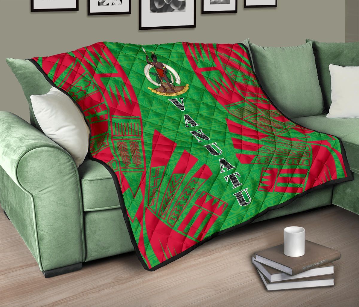 Vanuatu Premium Quilt - Vanuatu Coat Of Arms Polynesian Red Tattoo (Green)