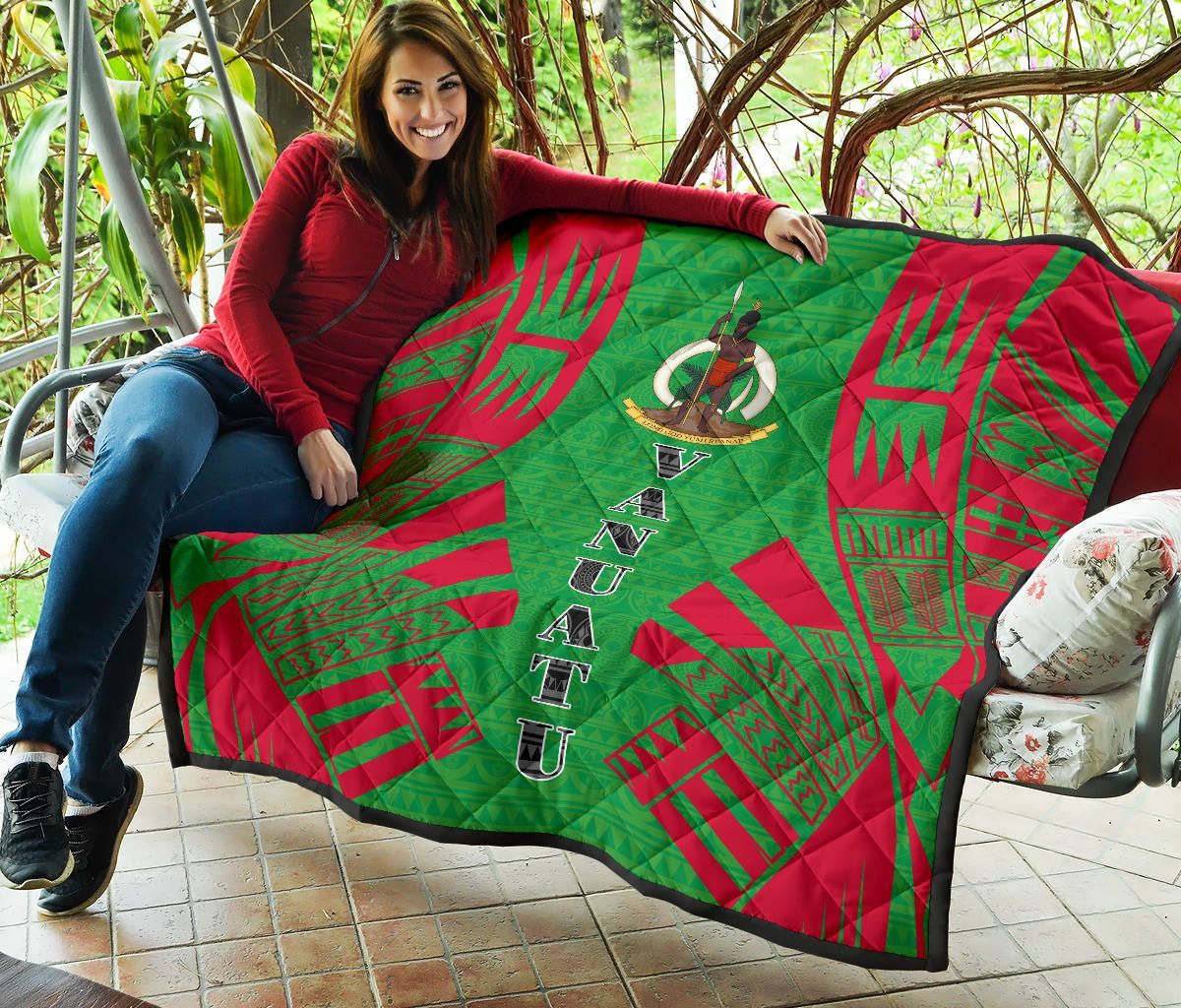Vanuatu Premium Quilt - Vanuatu Coat Of Arms Polynesian Red Tattoo (Green)