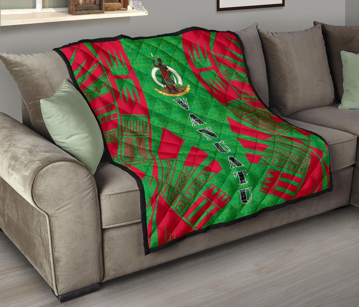Vanuatu Premium Quilt - Vanuatu Coat Of Arms Polynesian Red Tattoo (Green)