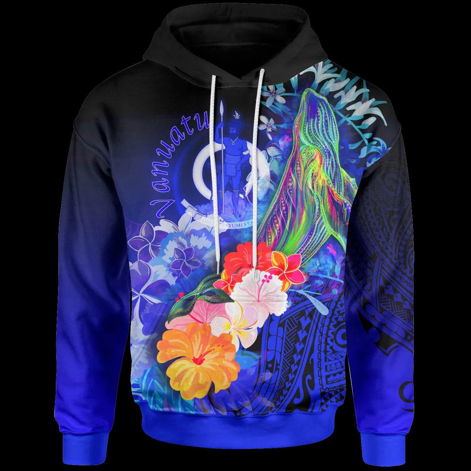 Vanuatu Hoodie - Humpback Whale with Tropical Flowers (Blue)