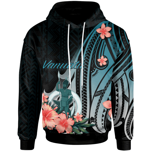 Vanuatu Hoodie - Turquoise Polynesian Hibiscus Pattern Style