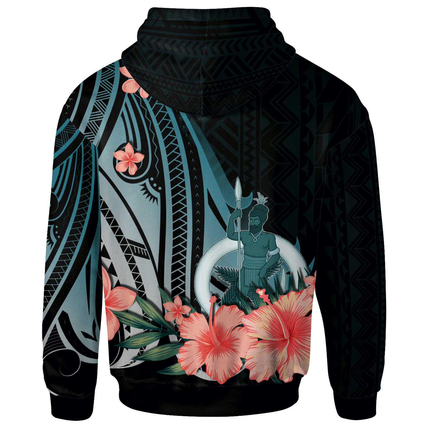 Vanuatu Hoodie - Turquoise Polynesian Hibiscus Pattern Style