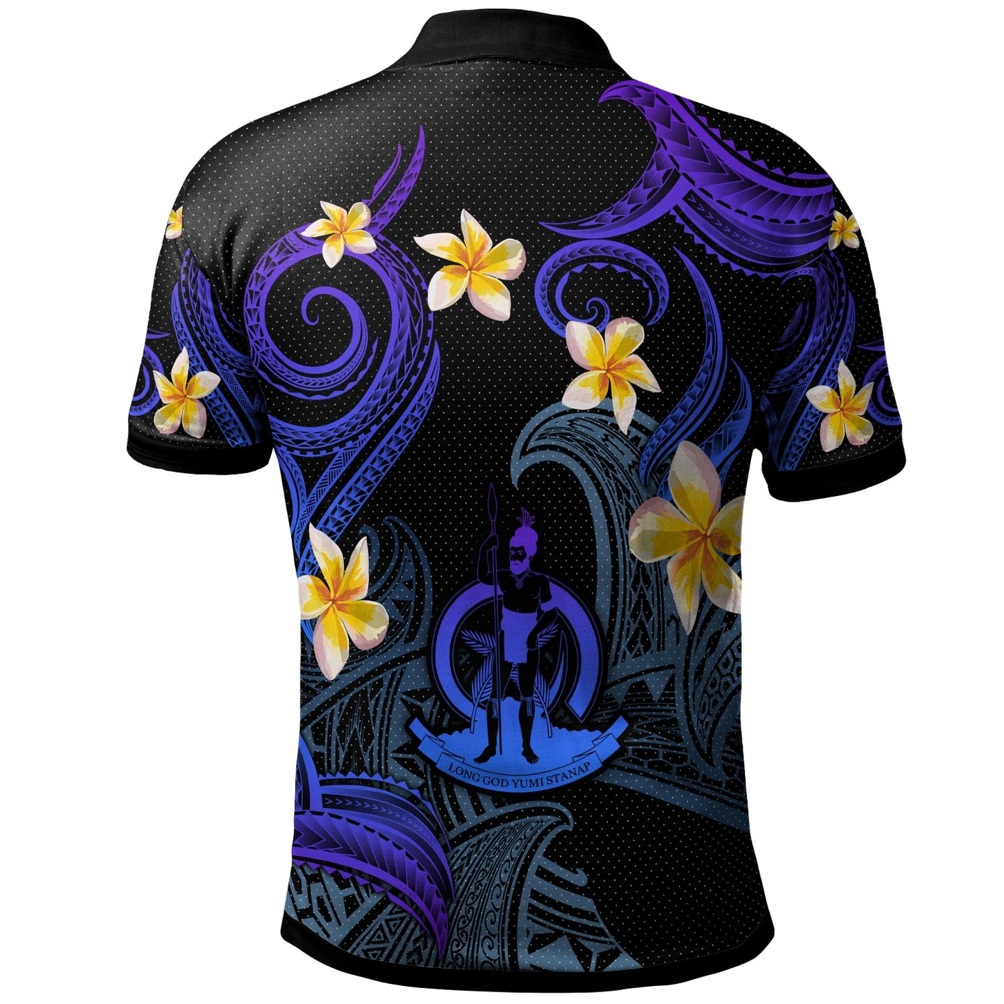 Vanuatu Polo Shirt - Custom Personalised Polynesian Waves with Plumeria Flowers (Blue)