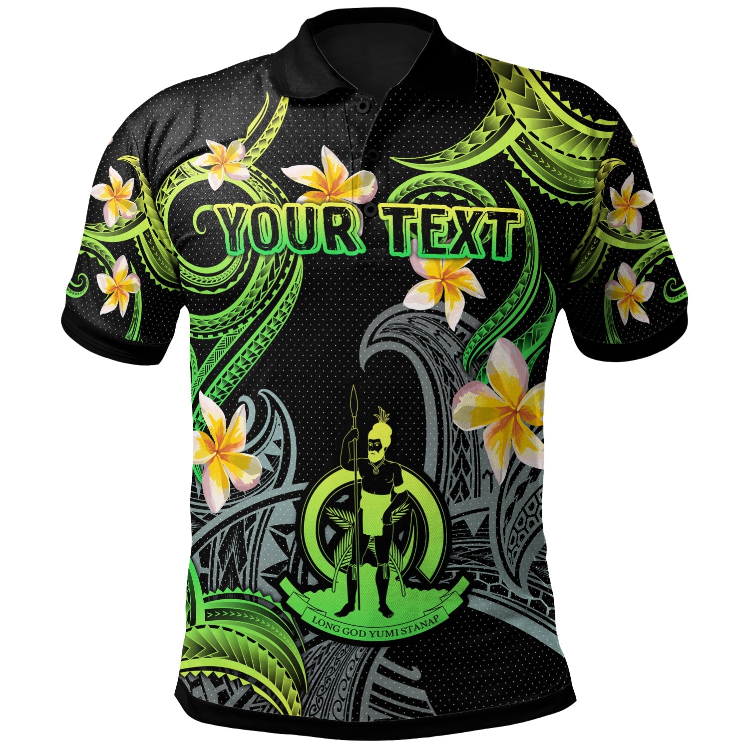 Vanuatu Polo Shirt - Custom Personalised Polynesian Waves with Plumeria Flowers (Green)