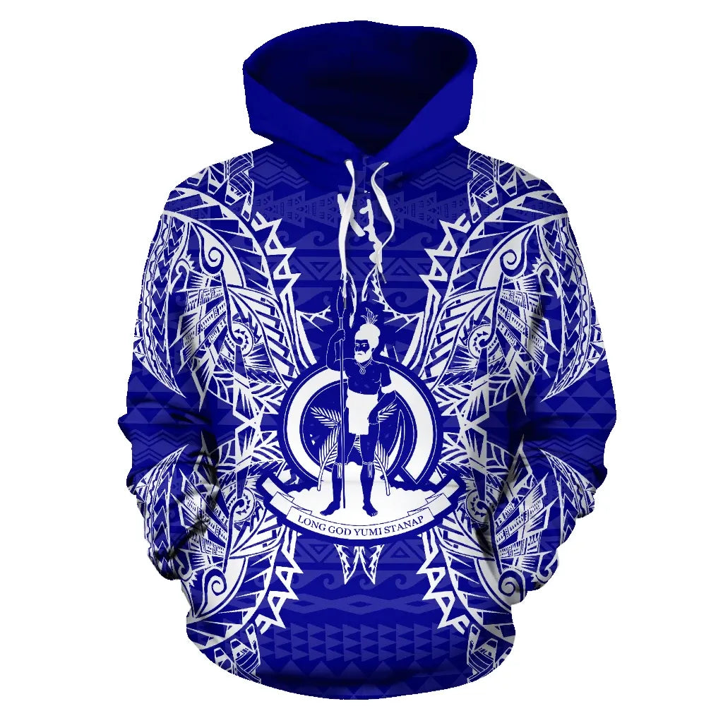 Vanuatu Polynesian All Over Hoodie Map Blue
