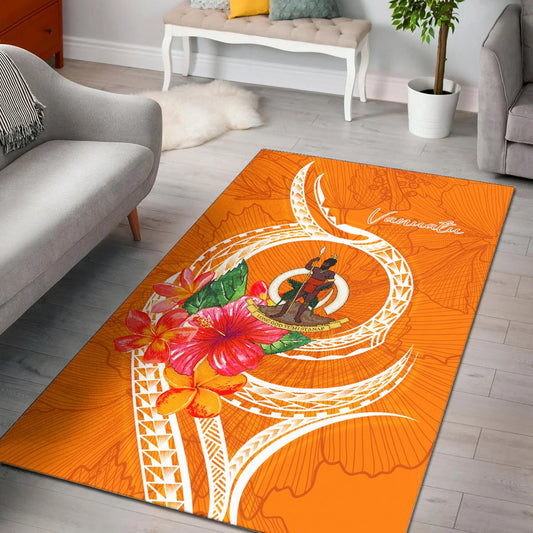 Vanuatu Polynesian Area Rug - Orange Floral With Seal