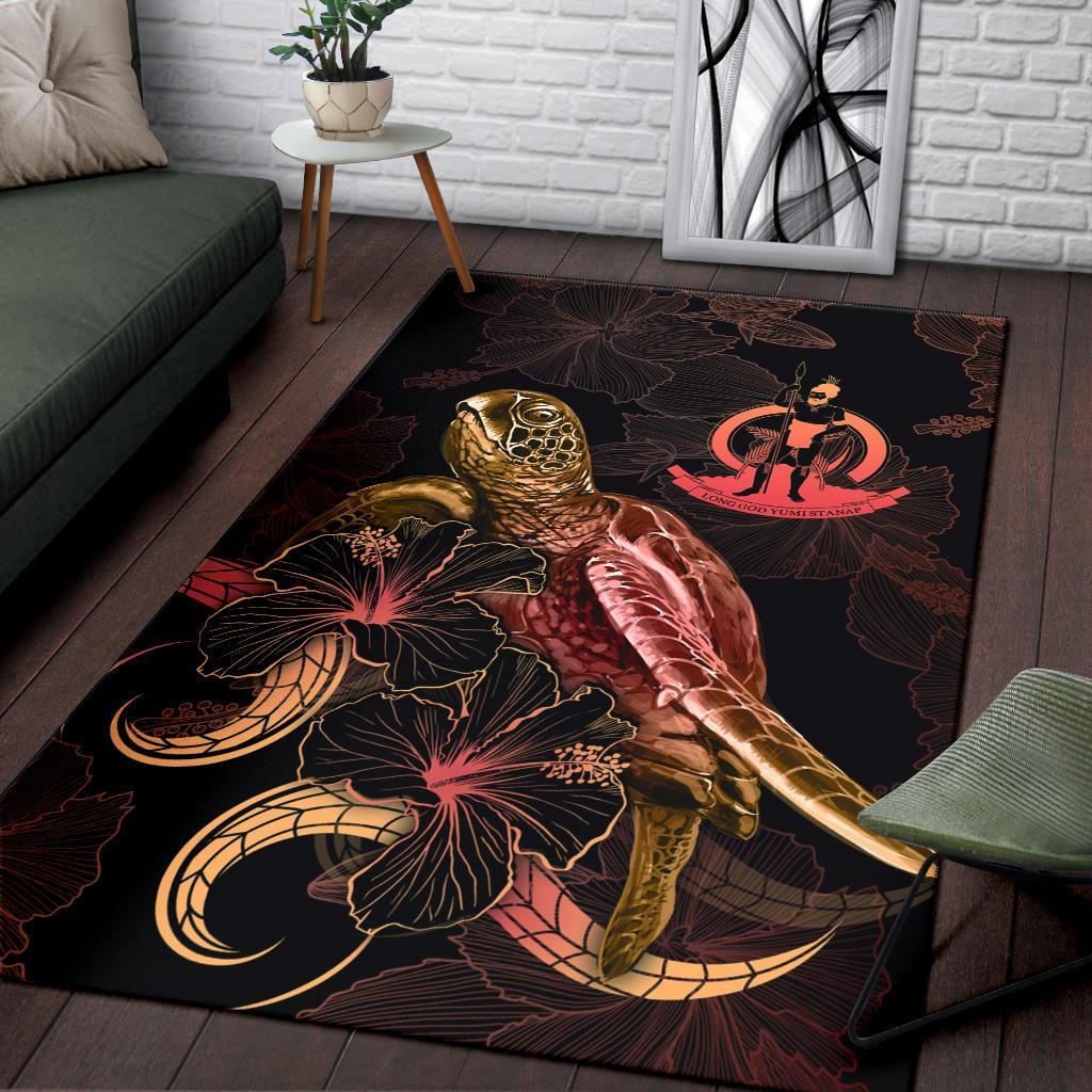 Vanuatu Polynesian Area Rugs - Turtle With Blooming Hibiscus Gold