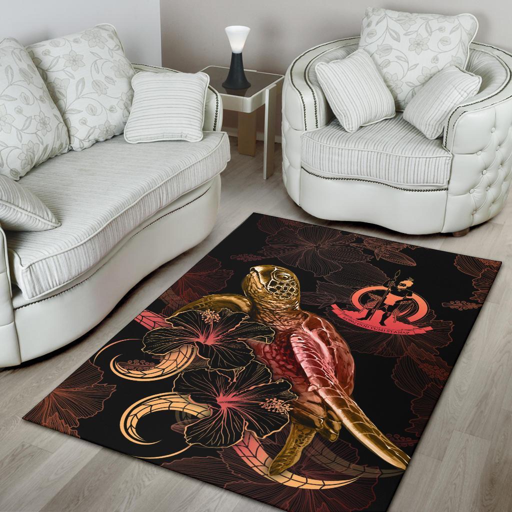 Vanuatu Polynesian Area Rugs - Turtle With Blooming Hibiscus Gold