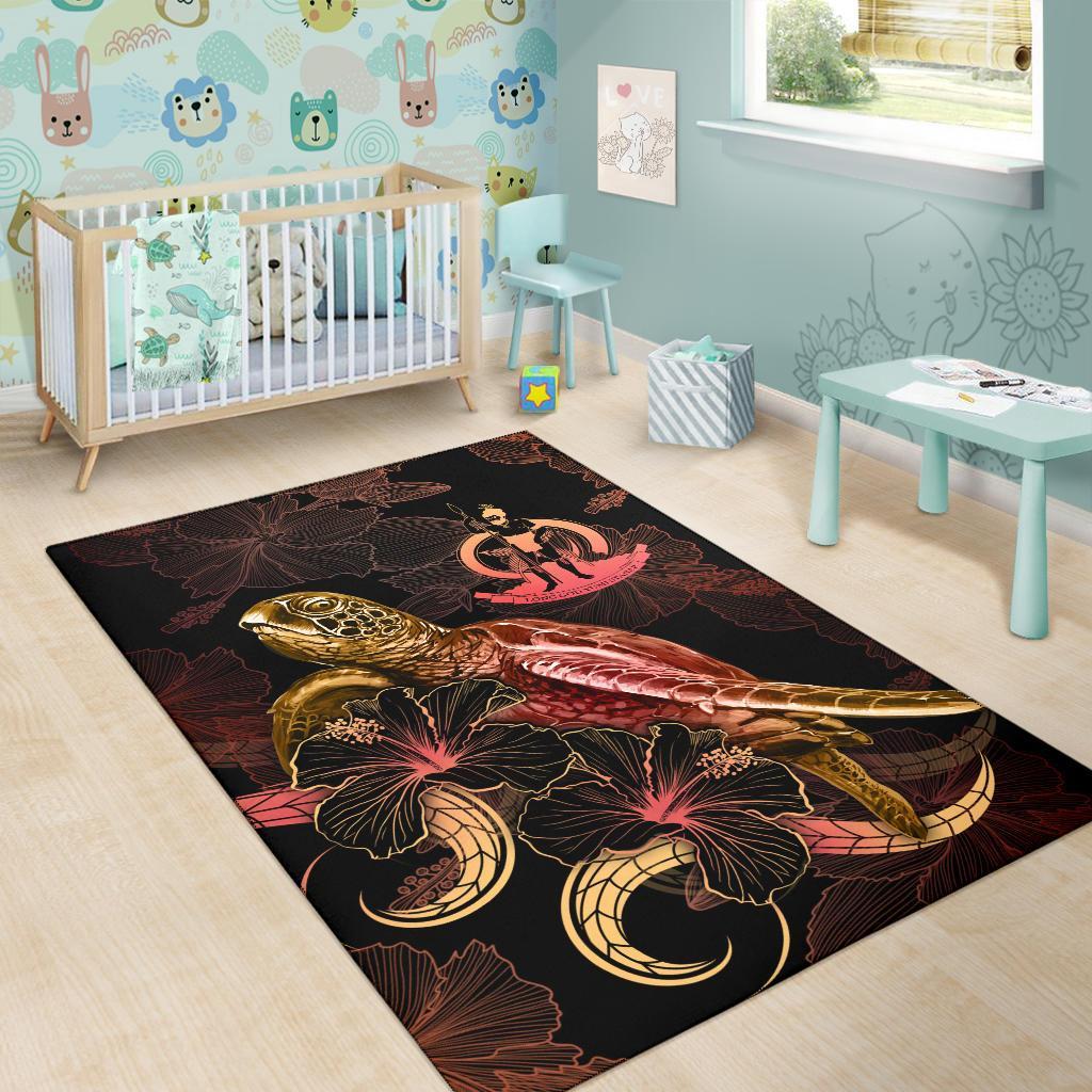 Vanuatu Polynesian Area Rugs - Turtle With Blooming Hibiscus Gold