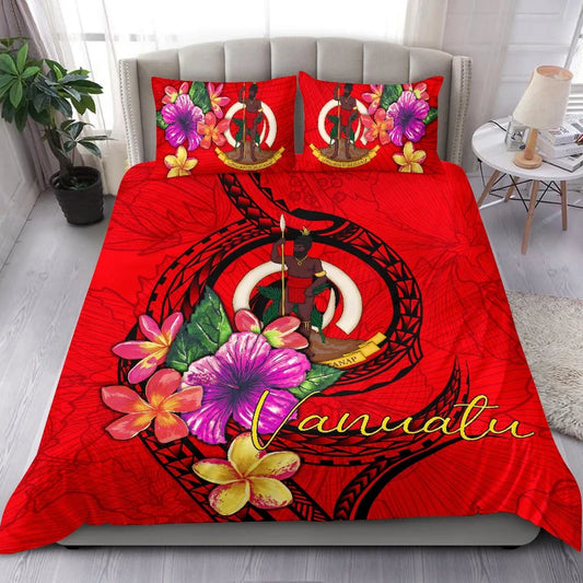Vanuatu Polynesian Bedding Set - Floral With Seal Red