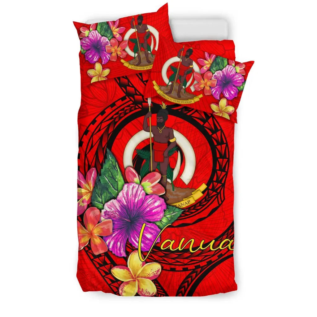 Vanuatu Polynesian Bedding Set - Floral With Seal Red