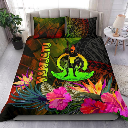 Vanuatu Polynesian Bedding Set - Hibiscus And Banana Leaves