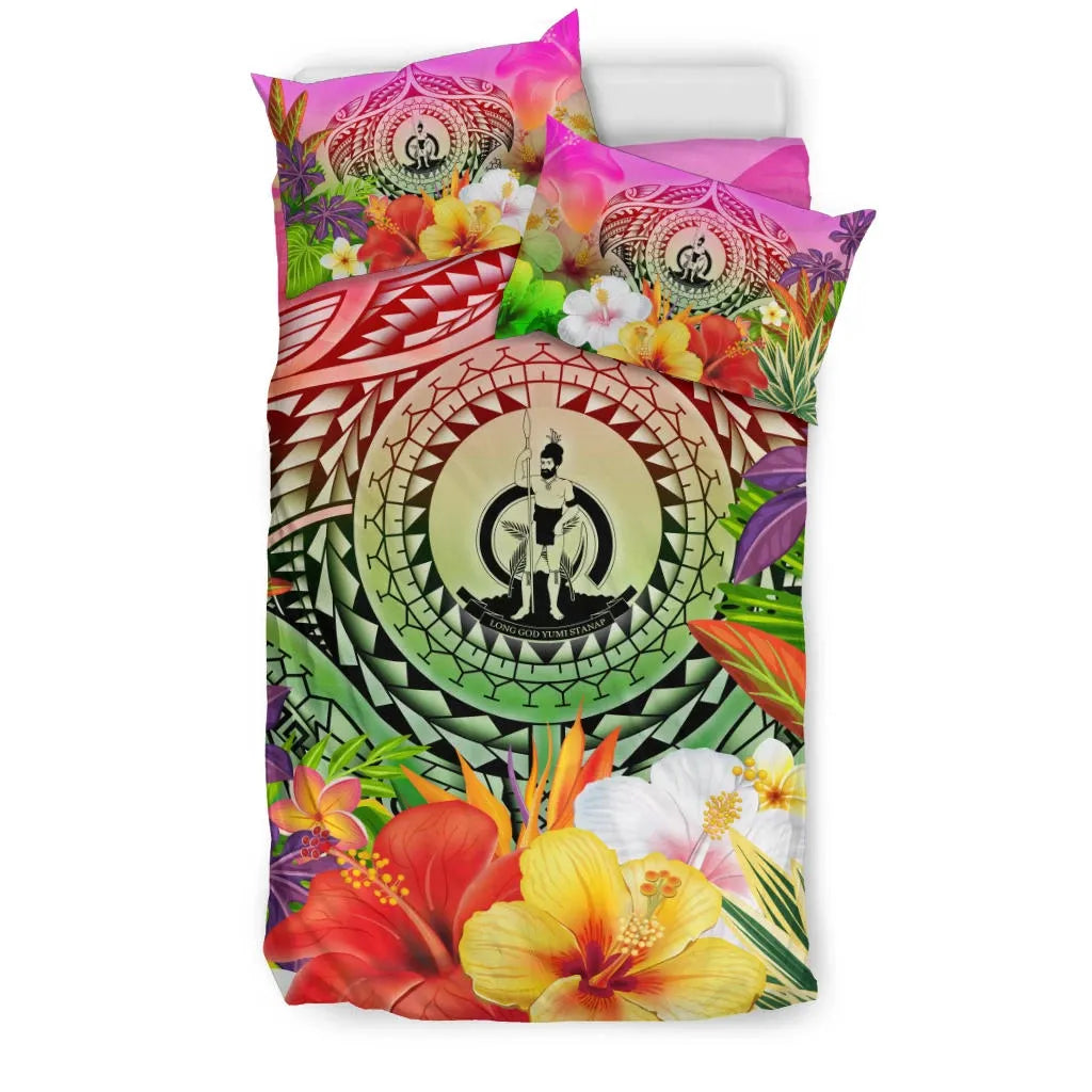 Vanuatu Polynesian Bedding Set - Manta Ray Tropical Flowers