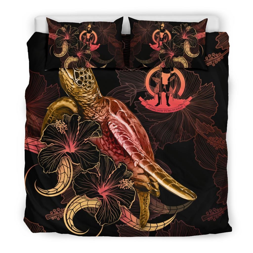 Vanuatu Polynesian Bedding Set - Turtle With Blooming Hibiscus Gold