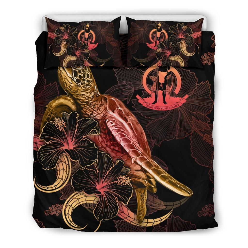 Vanuatu Polynesian Bedding Set - Turtle With Blooming Hibiscus Gold