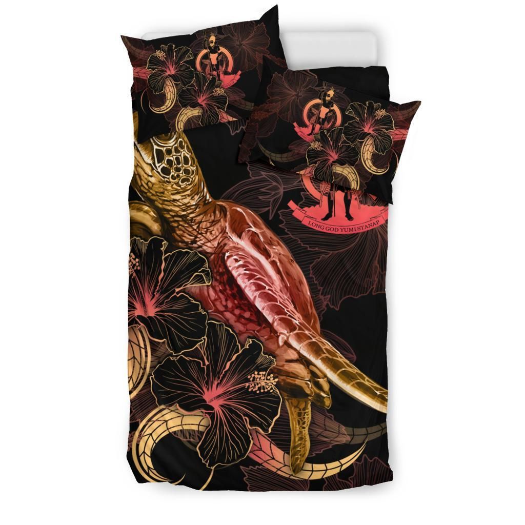 Vanuatu Polynesian Bedding Set - Turtle With Blooming Hibiscus Gold