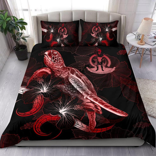 Vanuatu Polynesian Bedding Set - Turtle With Blooming Hibiscus Red