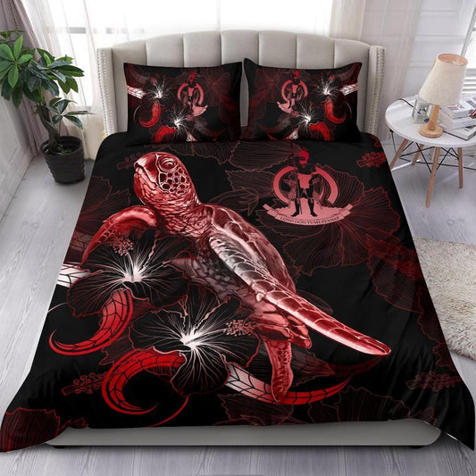 Vanuatu Polynesian Bedding Set - Turtle With Blooming Hibiscus Red