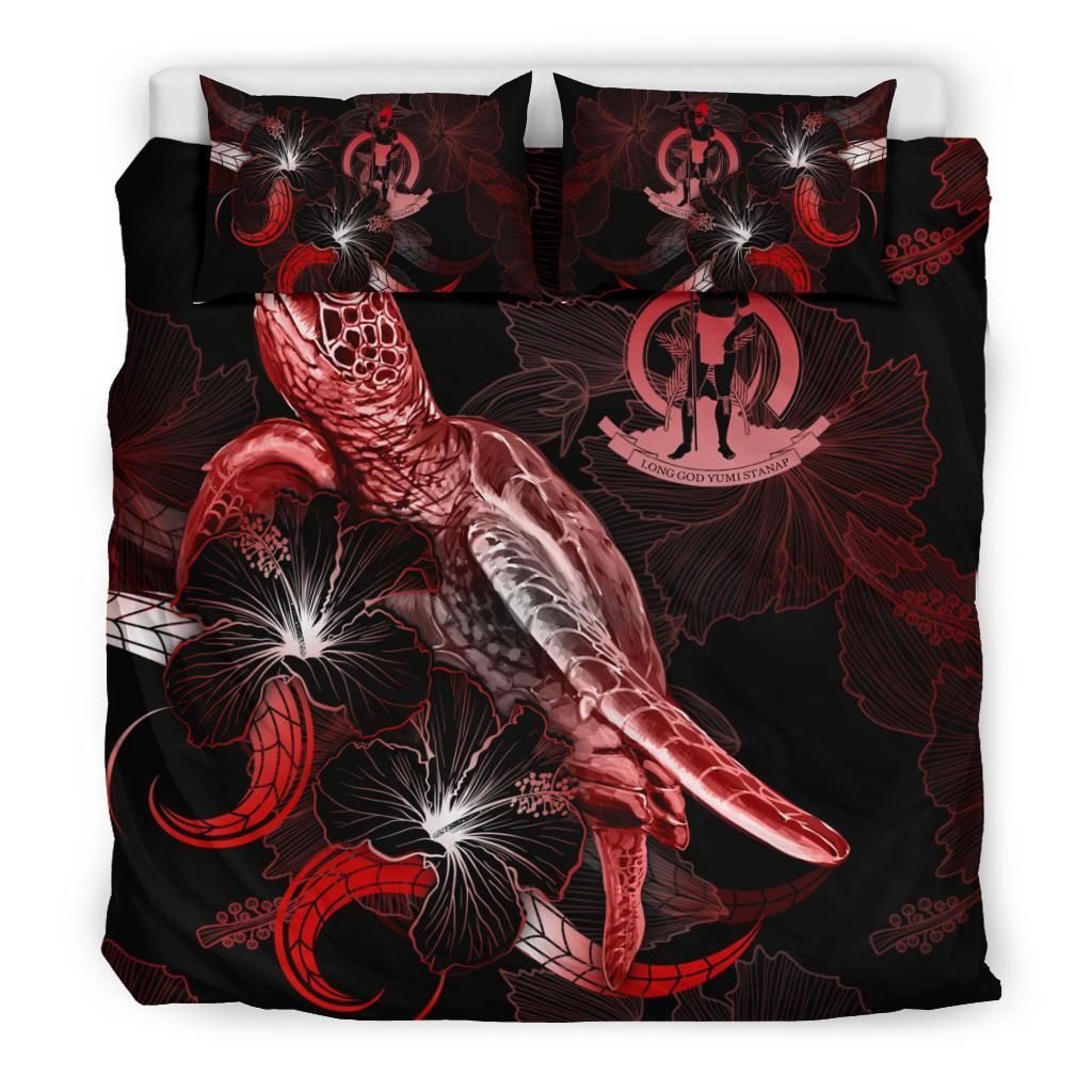 Vanuatu Polynesian Bedding Set - Turtle With Blooming Hibiscus Red