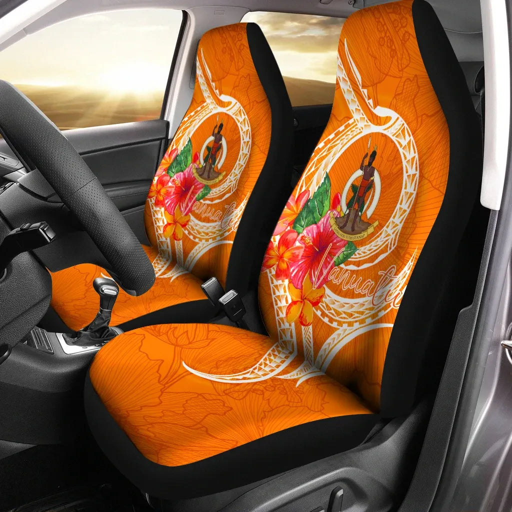 Vanuatu Polynesian Car Seat Covers - Orange Floral With Seal